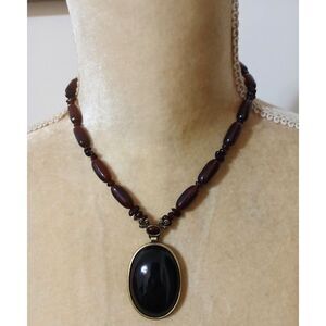 Vintage Monet Necklace Brown Bead Gold Tone Pendant Black Cabochon Statement
